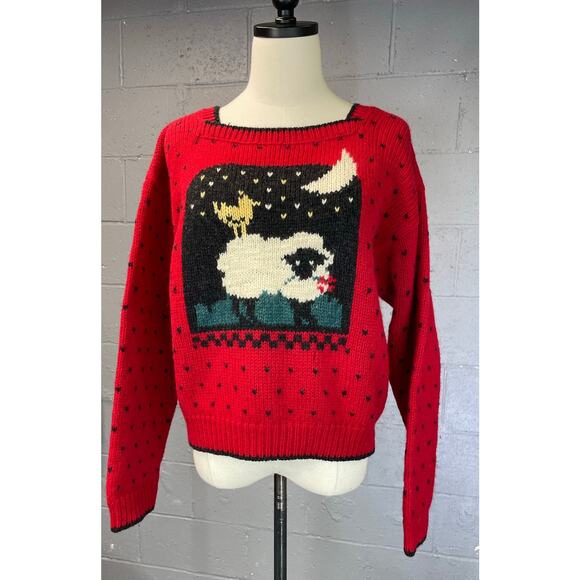 Vintage Woolrich Sheep Moon Novelty Knit Wool Sweater Red Black Medium Large - Picture 4 of 13